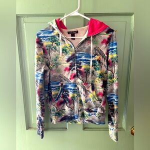 RARE VTG Lucky Brand Asian waves trees Full Zip Hoodie Sweatshirt Kanga Pockets